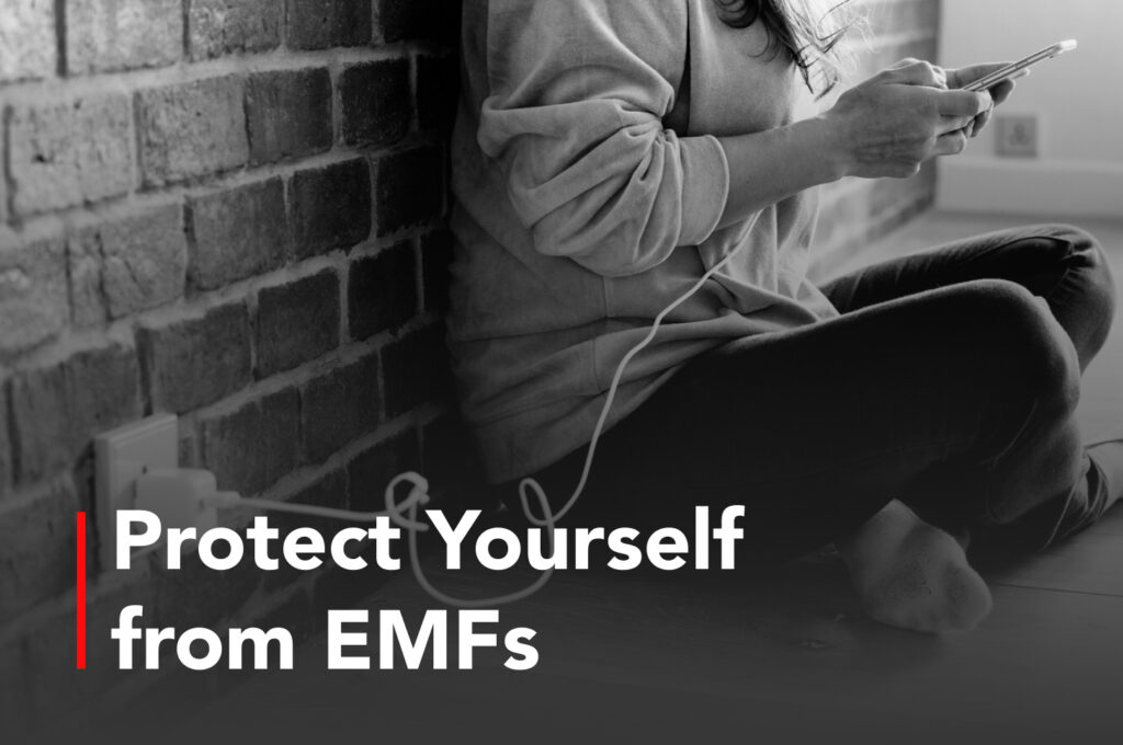 woman using mobile phone while charging. overlay text on image: protect yourself from emfs"